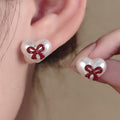 French Sweet Heart-Shaped Pearl Studs With Red Enamel Bow, Vintage Elegant Winter Fashion Earrings view 1