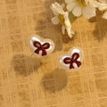 French Sweet Heart-Shaped Pearl Studs With Red Enamel Bow, Vintage Elegant Winter Fashion Earrings view 2