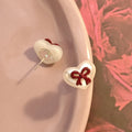 French Sweet Heart-Shaped Pearl Studs With Red Enamel Bow, Vintage Elegant Winter Fashion Earrings view 4
