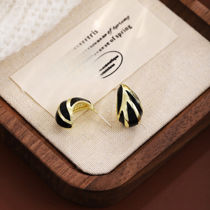 Vintage Luxury Black Gold Enamel Zebra Stripe Teardrop Alloy Silver Needle Stud Earrings