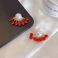 Vintage French Pearl Rhinestone Red Beaded Tassel Stud Earrings Elegant Luxury Alloy New Year Jewelry Earrings view 4