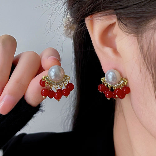 Vintage French Pearl Rhinestone Red Beaded Tassel Stud Earrings Elegant Luxury Alloy New Year Jewelry Earrings