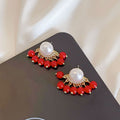 Vintage French Pearl Rhinestone Red Beaded Tassel Stud Earrings Elegant Luxury Alloy New Year Jewelry Earrings view 3