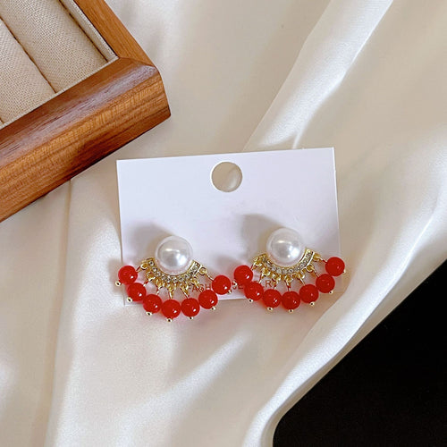 Vintage French Pearl Rhinestone Red Beaded Tassel Stud Earrings Elegant Luxury Alloy New Year Jewelry Earrings