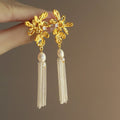Light Luxury Alloy Rhinestone Flower Tassel Pearl Drop Earrings For Women view 3