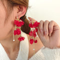 Elegant Vintage Red Flower Long Tassel Alloy Chain Pearl Drop Statement Women's Fashion Earrings view 1