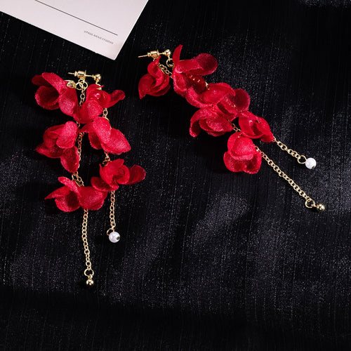 Elegant Vintage Red Flower Long Tassel Alloy Chain Pearl Drop Statement Women's Fashion Earrings