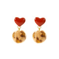 Vintage Red Enamel Heart Alloy Studs With Leopard Print Fuzzy Ball Drop For Women Fashion Earrings view 5