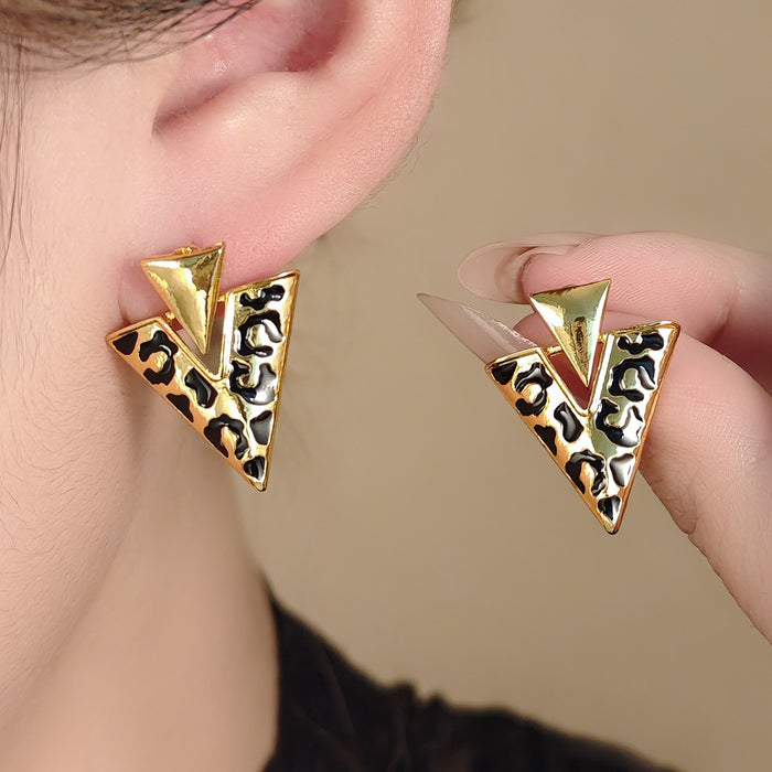 Luxury Leopard Enamel V Shape Triangle Gold Plated Alloy Statement Stud Drop Earrings