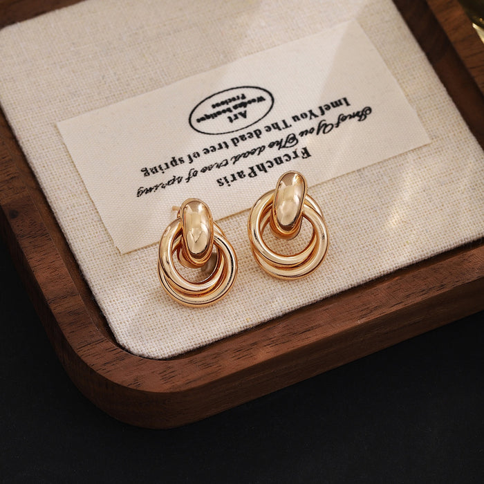 Luxury Gold Alloy Double Hoop Twisted Ring Drop Earrings For Women Elegant Statement Metal Earrings