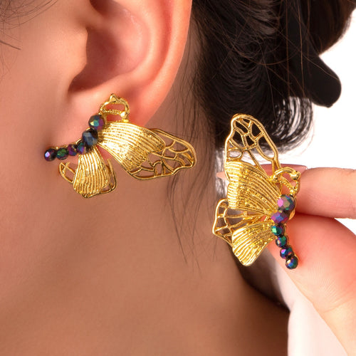 Vintage Luxury Gold Alloy Hollow Butterfly Color Crystal Stud Earrings