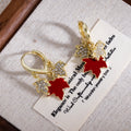 Vintage Luxury Red Maple Leaf Enamel Rhinestone Zircon Gold Alloy Huggie Drop Dangle Earrings view 3