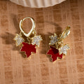 Vintage Luxury Red Maple Leaf Enamel Rhinestone Zircon Gold Alloy Huggie Drop Dangle Earrings view 2
