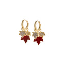 Vintage Luxury Red Maple Leaf Enamel Rhinestone Zircon Gold Alloy Huggie Drop Dangle Earrings view 5