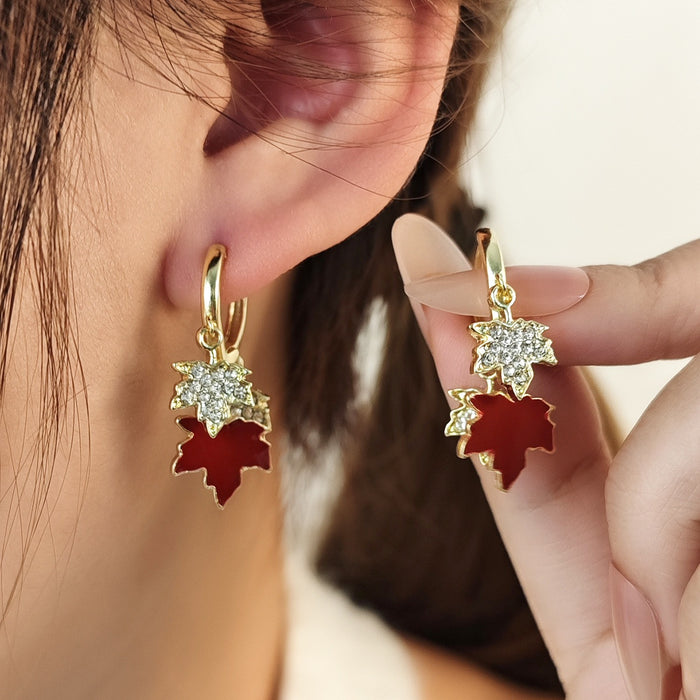 Vintage Luxury Red Maple Leaf Enamel Rhinestone Zircon Gold Alloy Huggie Drop Dangle Earrings