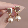 Elegant Vintage Gold Alloy Enamel Square Studs With Round Faux Pearl Drop For Women Fashion Earrings view 2