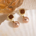 Elegant Vintage Gold Alloy Enamel Square Studs With Round Faux Pearl Drop For Women Fashion Earrings view 4