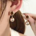 Elegant Vintage Gold Alloy Enamel Square Studs With Round Faux Pearl Drop For Women Fashion Earrings view 1