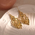 Vintage Ethnic Alloy Gold Tone Hollow Heart Gourd Leaf Tassel Hook Dangle Chandelier Earrings view 4