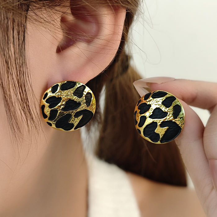 Vintage Luxury Hong Kong Style Black Gold Leopard Print Round Alloy Enamel Statement Women's Stud Earrings