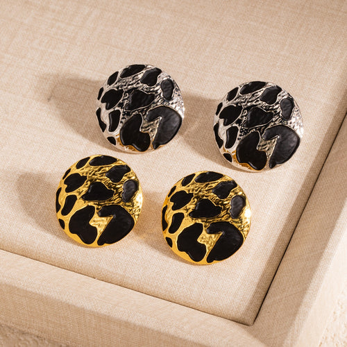 Vintage Luxury Hong Kong Style Black Gold Leopard Print Round Alloy Enamel Statement Women's Stud Earrings