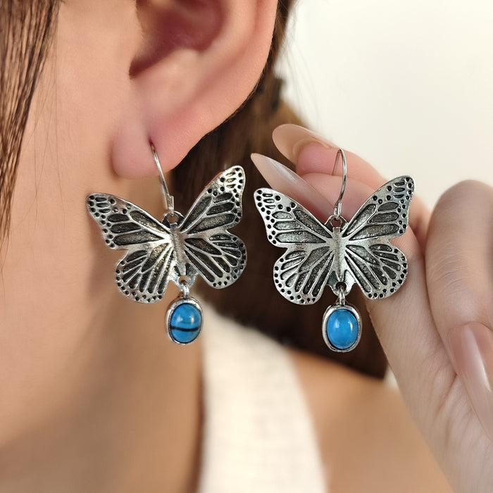 Vintage Ethnic Alloy Butterfly Hook Drop Dangle With Blue Turquoise Bead Pendant For Women Earrings