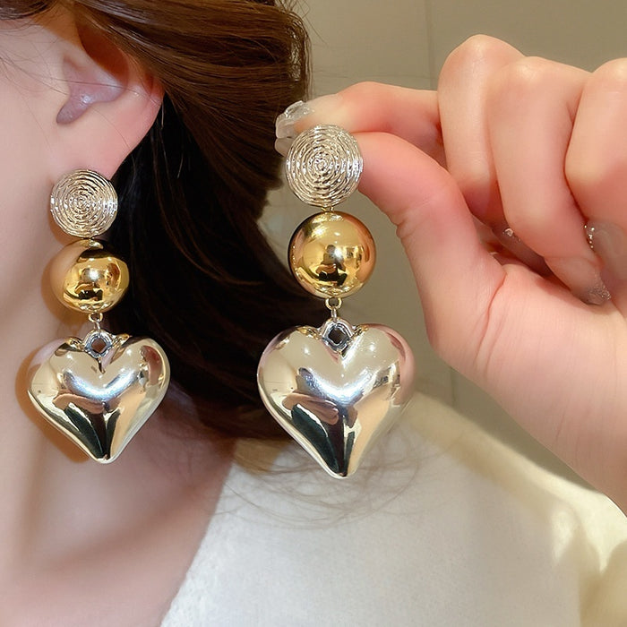 Chic Alloy Heart Drop Earrings With Silver Needle Round Stud Design For Women