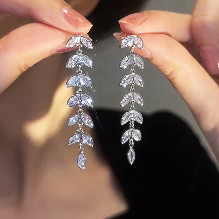 Long Tassel Leaf Drop Earrings For Women With Chain Geometry And Inlaid Zircon Fashion Jewelry