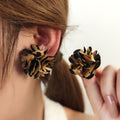 Vintage Wrinkled Fabric Camellia Flower Studs Maillard Leopard Print Luxury Fashion Earrings view 1