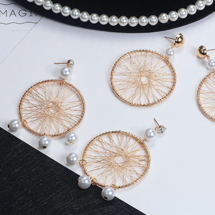 Pearl Look Fringe and Plain Webbed Round Hoop Earrings