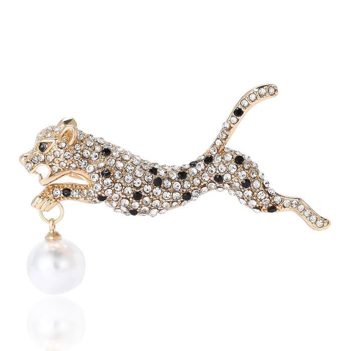 Alloy Rhinestone Leopard Brooch Pin With Pearl Drop Decoration