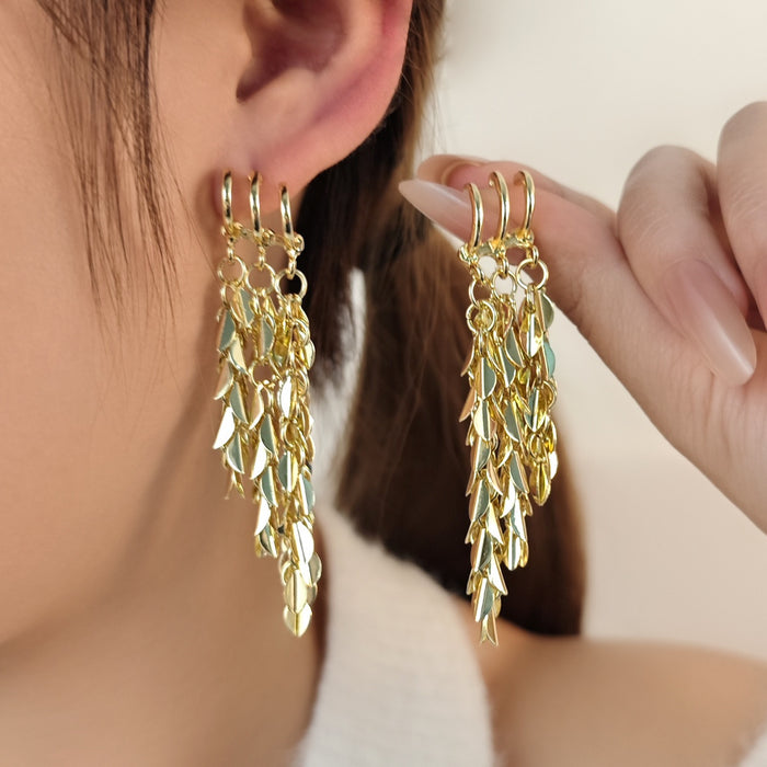Elegant Gold Alloy Wheat Leaf Long Tassel Drop Earrings For Women Light Luxury Fashion Statement Earrings
