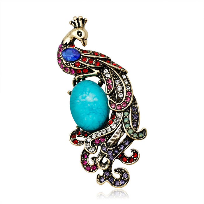 Aqua Gold Tone Peacock Metal Brooch Pin for Jackets and Lapels