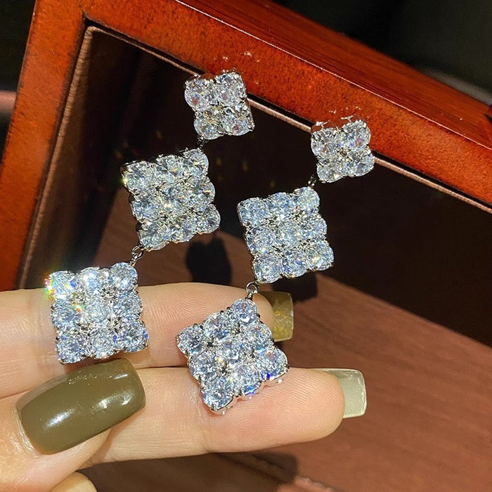 Micro Pave Geometric Drop Earrings For Women, Elegant Light Luxury Fashion Jewelry
