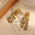Luxury Gold Alloy Rose Flower Leaf Tassel Drop Earrings, Elegant Statement Metal Dangle Earrings view 4