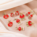 Red Enamel Fu Character Gourd Cloud Rhinestone Pearl Alloy Stud Dangle Elegant Chinese New Year Earrings view 1