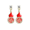Red Enamel Fu Character Gourd Cloud Rhinestone Pearl Alloy Stud Dangle Elegant Chinese New Year Earrings view 5