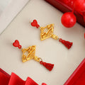 Elegant New Chinese Red Enamel Fan Hollow Fu Lu Bow Chinese Knot Alloy Dangle Drop Earrings view 4