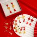Elegant New Chinese Red Enamel Fan Hollow Fu Lu Bow Chinese Knot Alloy Dangle Drop Earrings view 1