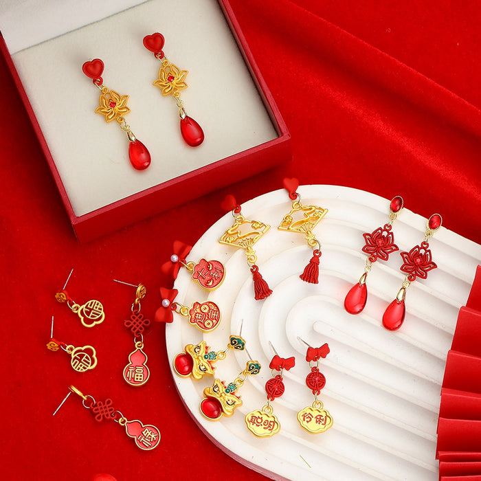 Elegant New Chinese Red Enamel Fan Hollow Fu Lu Bow Chinese Knot Alloy Dangle Drop Earrings