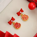 Elegant New Chinese Red Enamel Fan Hollow Fu Lu Bow Chinese Knot Alloy Dangle Drop Earrings view 3