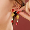 Elegant New Chinese Red Enamel Fan Hollow Fu Lu Bow Chinese Knot Alloy Dangle Drop Earrings view 2