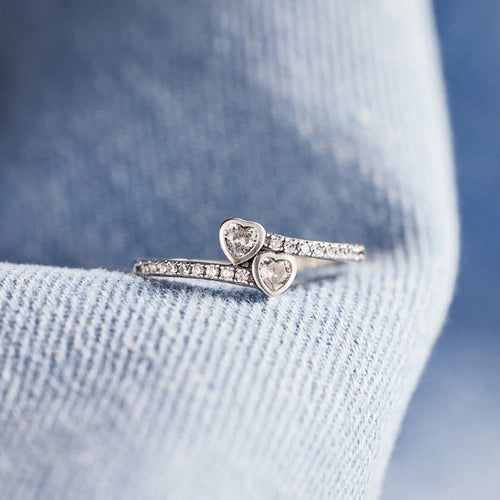 Korean Japanese Delicate Heart Ring For Women, Double Heart Sweet Girl Niche Jewelry