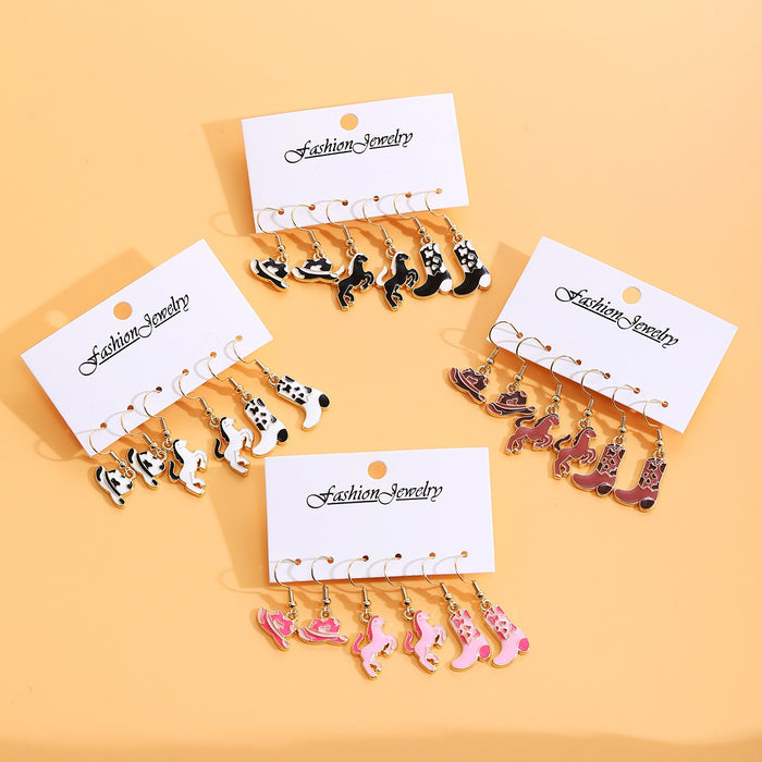 Light Luxury Western Cowboy Boot Hat Horse Enamel Alloy Dangle Hook Six-Piece Women's Fashion Earrings