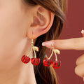 Korean Sweet Cherry Fruit Alloy Hook Drop Earrings, Elegant Light Luxury Acrylic Cherry Earrings view 3