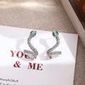 Luxury Rhinestone Zircon Snake Shaped Silver Needle Studs With Green Crystal Eyes For Women Earrings view 3