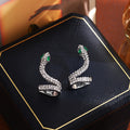 Luxury Rhinestone Zircon Snake Shaped Silver Needle Studs With Green Crystal Eyes For Women Earrings view 1