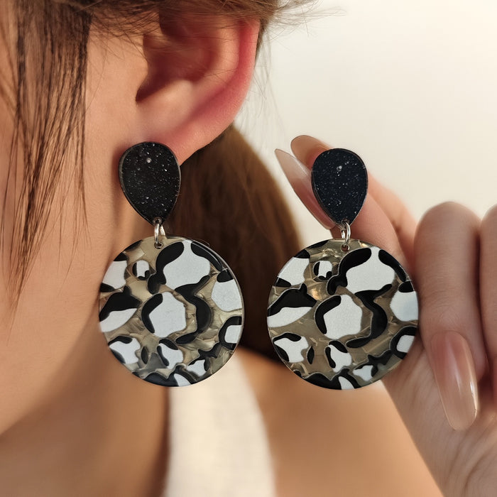 Style Leopard Print Round Acrylic Drop Dangle Earrings For Women, Elegant Brown Statement Earrings