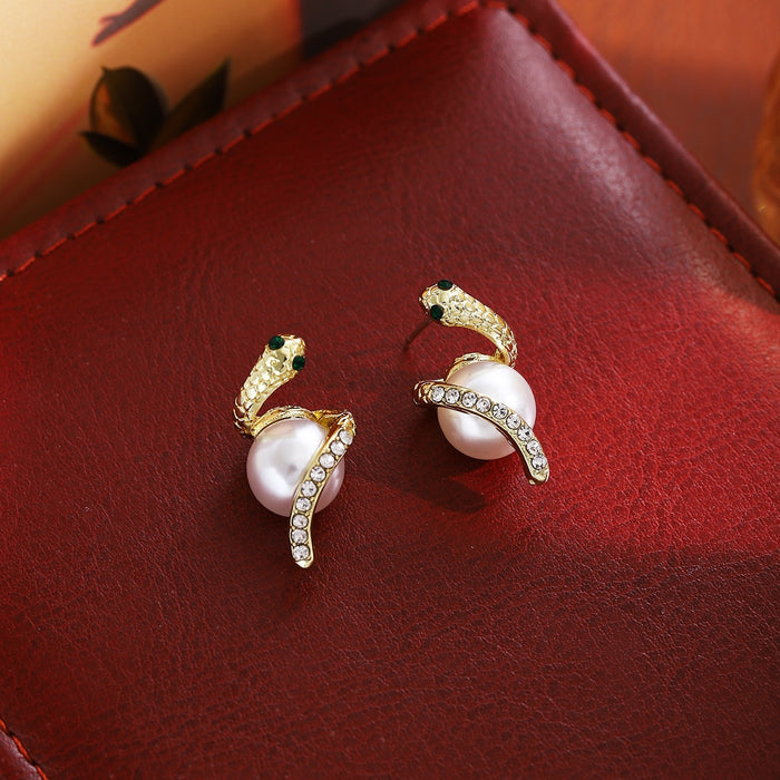Luxury Snake Wrap Pearl Studs With Rhinestone Paved Alloy Serpent Design For Women Earrings