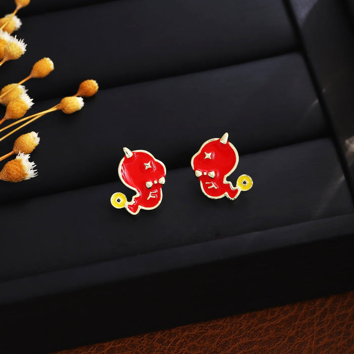 Light Luxury Red Enamel Cute Snake Stud Earrings For Women, Alloy Silver Needle Zodiac Fashion Earrings